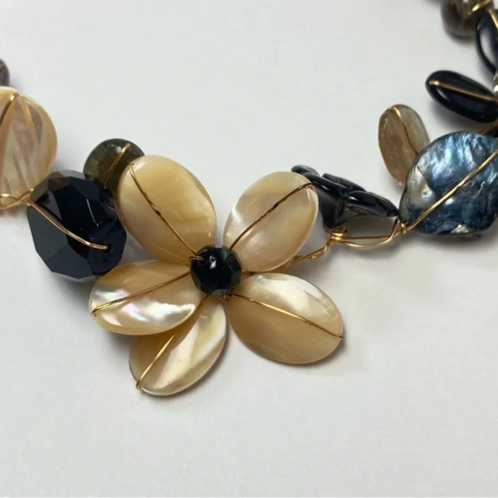 Abra Couture Handmade Natural Shell Beiges Gem Flower Collar GW Artisan Necklace